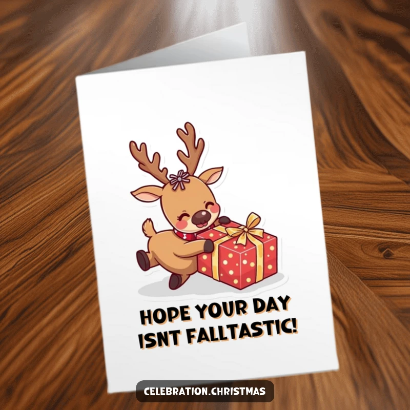 Funny free printable birthday card with a reindeer comically tripping over a brightly wrapped present, perfect for a laugh.