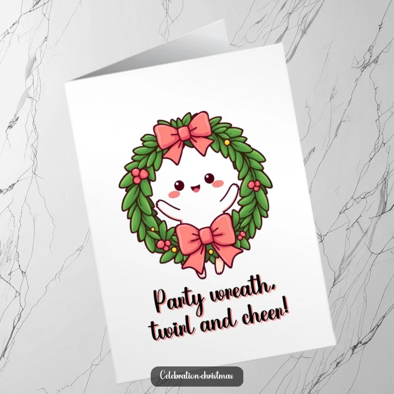 Funny Free Printable Birthday Wreath Card: A cheerful wreath with a large bow doing a happy twirl, celebrating a birthday. Downloadable card.