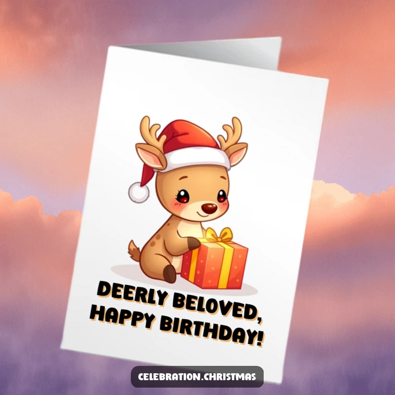 Free Printable Deer Birthday Card: A cute deer in a Santa hat joyfully opens a bright, glowing present.