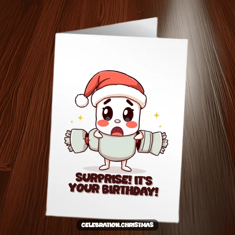 Funny Free Printable Birthday Card: A Christmas cracker character pulling itself apart with a hilariously surprised expression.