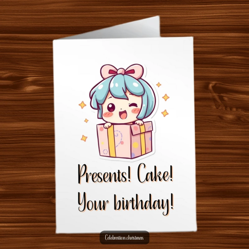 Funny Free Printable Birthday Card: A present character slightly bursting open with an energetic, excited wiggle.