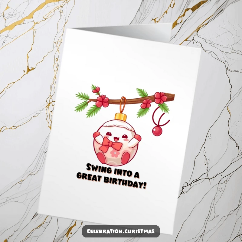 Funny Free Printable Birthday Card: a kawaii Christmas ornament swings gleefully from a branch, wishing happy birthday.