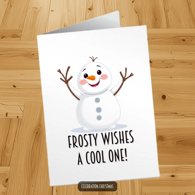 Funny Free Printable Birthday Card featuring a cheerful snowman with twig arms waving hello, perfect for a holiday greeting.