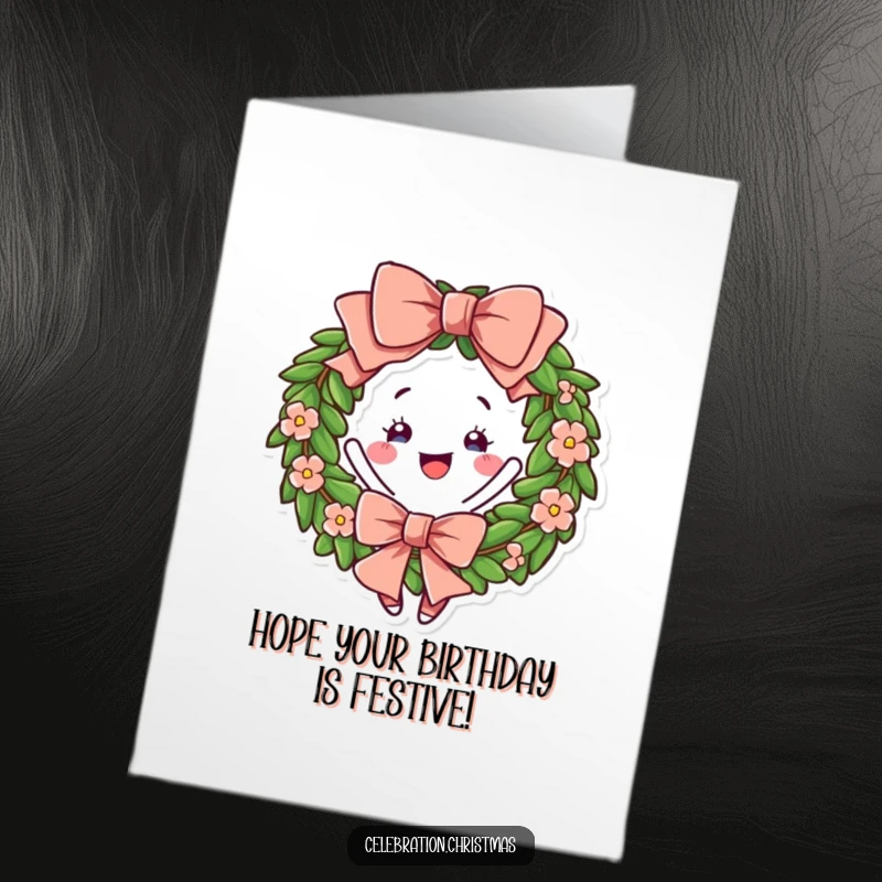 Funny Free Printable Birthday Card: A festive wreath with a big bow joyfully doing a twirl.