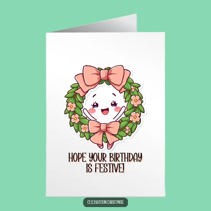 Free Printable Wreath Birthday Card: Twirling Bow Downloadable Gift