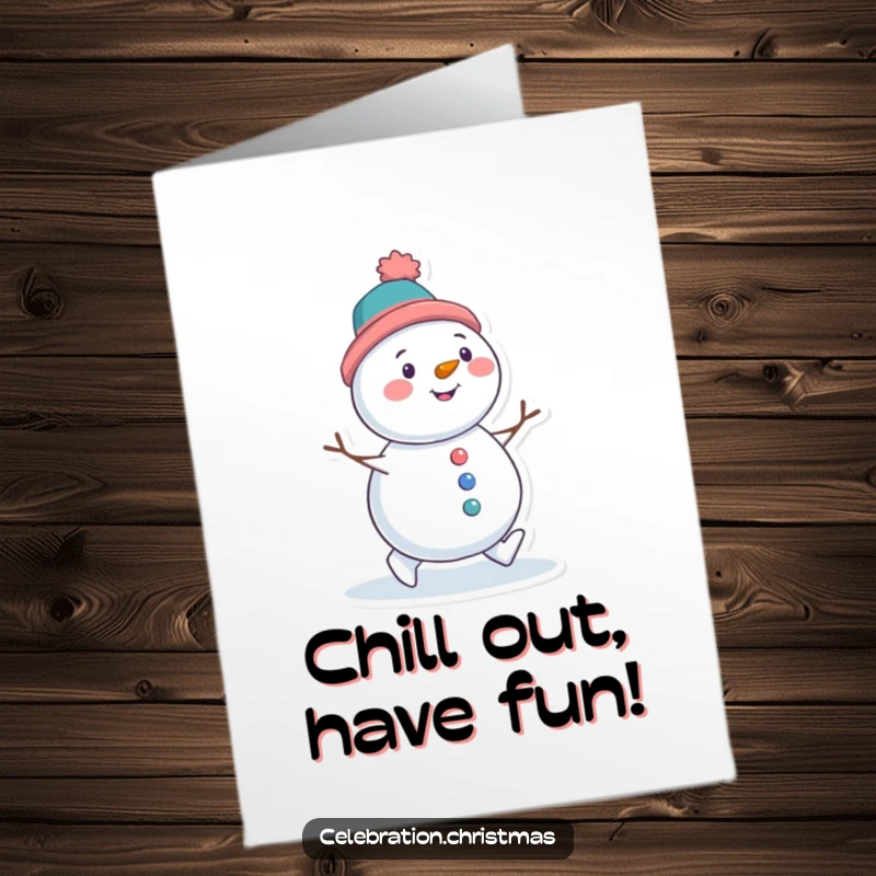 Funny Free Printable Birthday Card: A snowman with a tilted hat waddling happily, cartoon, perfect downloadable gift.