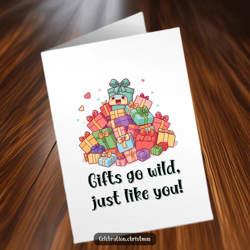 Funny Free Printable Birthday Card: Presents comically bouncing with excitement, ready for a joyful celebration.