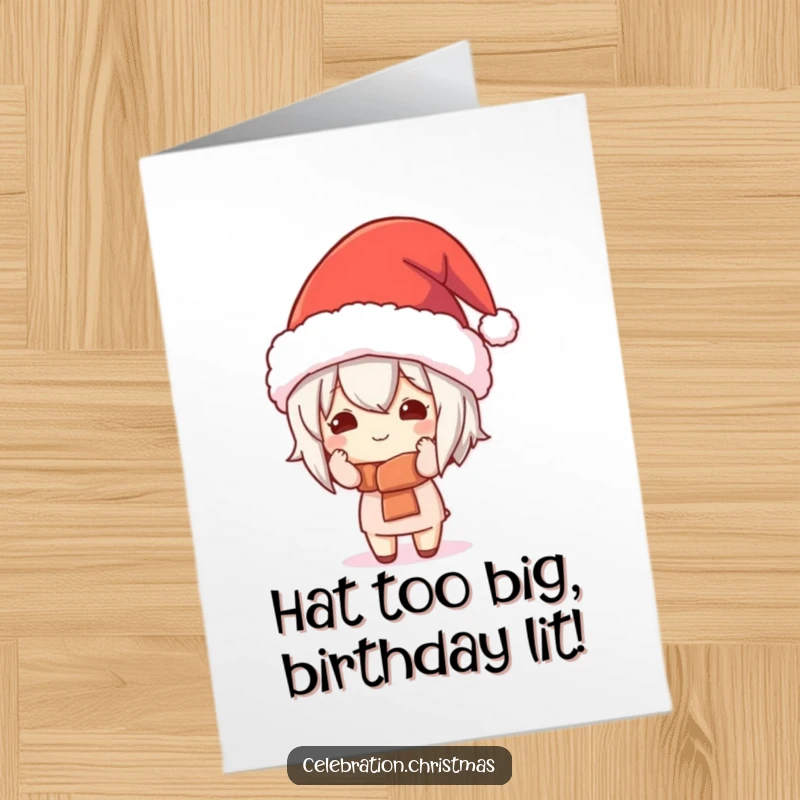 Funny Free Printable Birthday Card: Kawaii character struggling to wear a giant, festive hat, ready for a laugh.