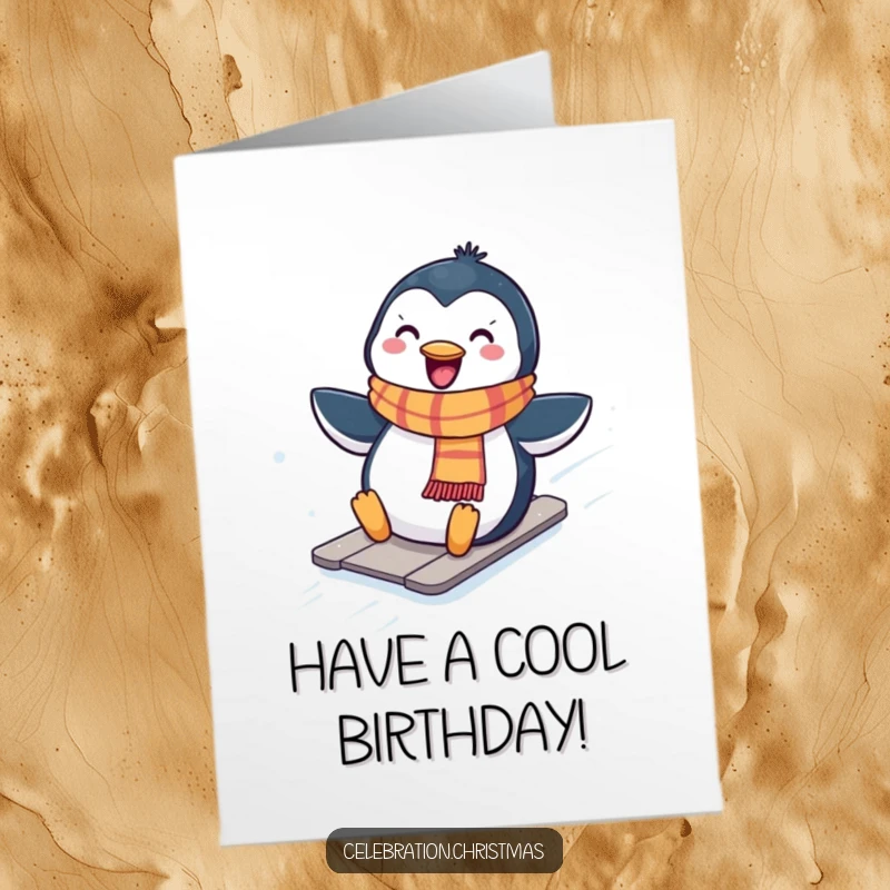 Funny Free Printable Birthday Card: Kawaii penguin wearing a scarf, joyfully sliding down a snowy hill.