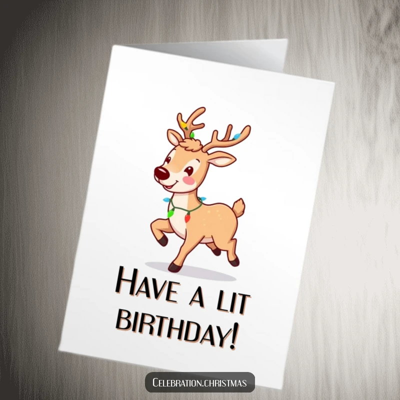 Funny Free Printable Birthday Card with a smiling reindeer prancing happily, its antlers adorned with twinkling lights.