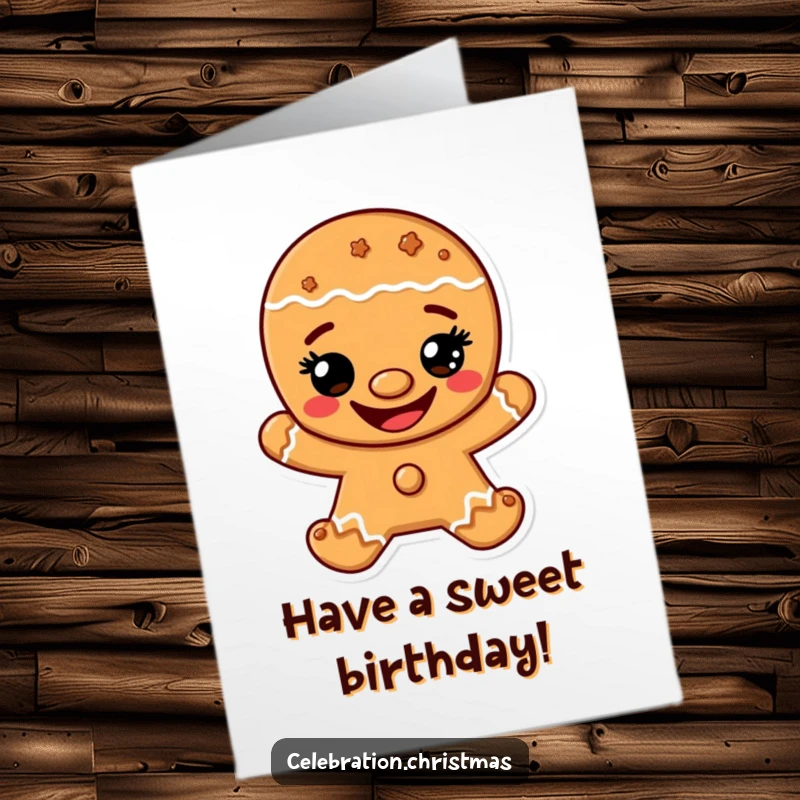 Funny Free Printable Birthday Card: A gingerbread man character with a wide cookie grin, cartoon style, great gift.