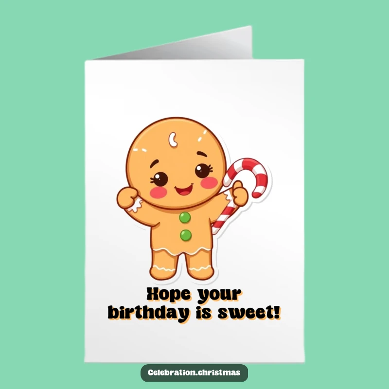 Free Printable Gingerbread Birthday Card: Waving Candy Cane Character Gift