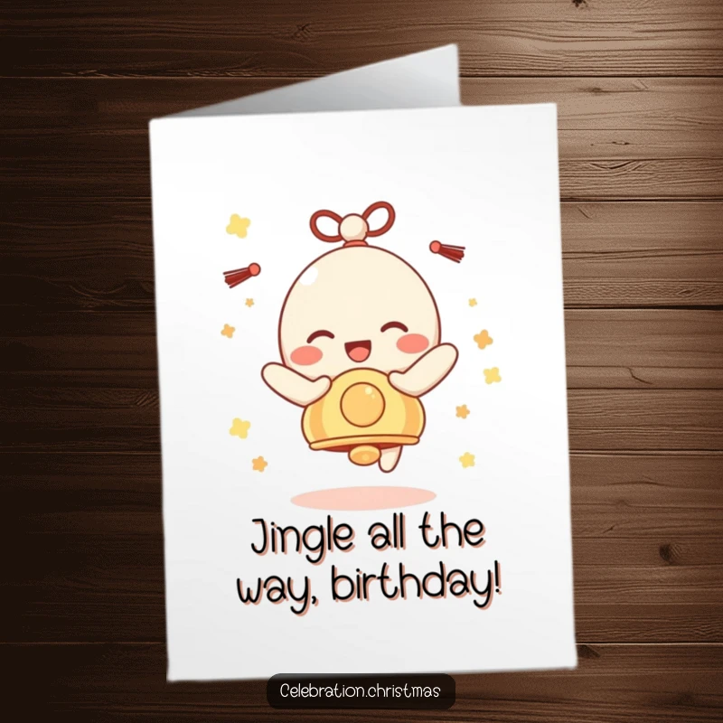 Funny Free Printable Birthday Card: Bell character jingling with pure delight, spreading birthday cheer, downloadable gift.