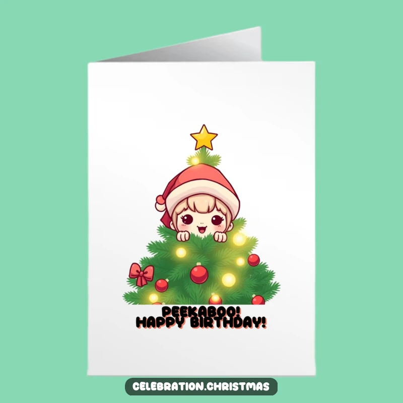 Funny Free Printable Birthday Card: Kawaii Christmas Character Peeking - Downloadable Gift