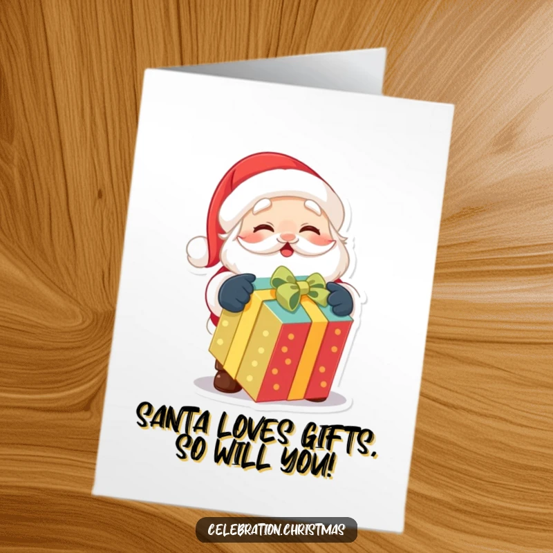 Funny Free Printable Birthday Card: Cute Santa Claus gleefully unwrapping a vibrant gift, full of birthday excitement.