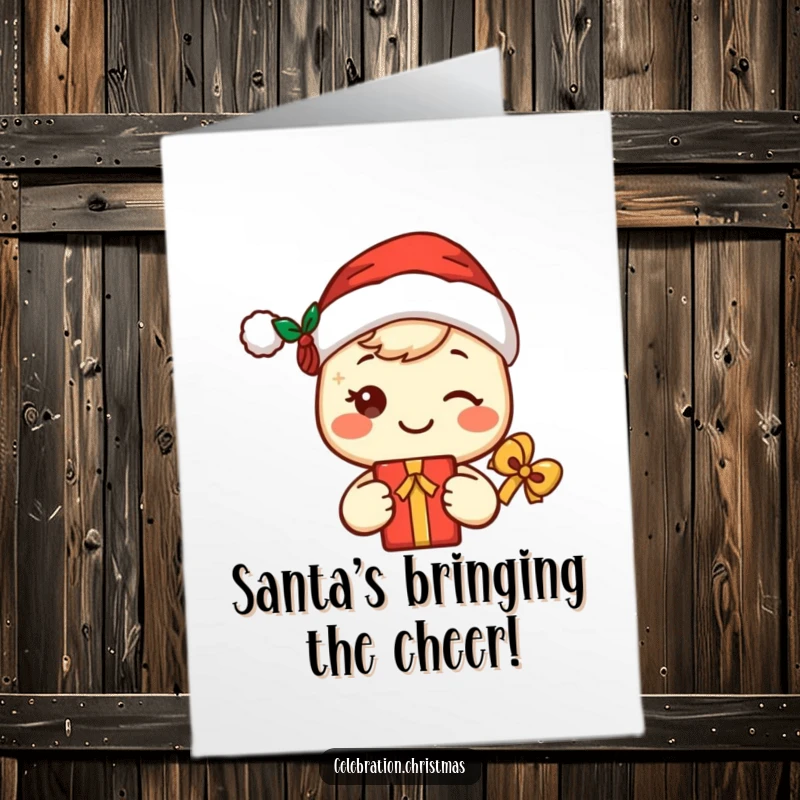 Funny Free Printable Birthday Card: Cute smiling kawaii character in a Santa hat holding a gift.