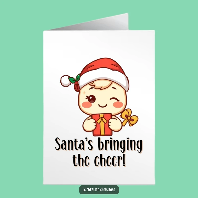 Free Printable Birthday Card: Kawaii Santa - Gift Holding Funny Festive Birthday