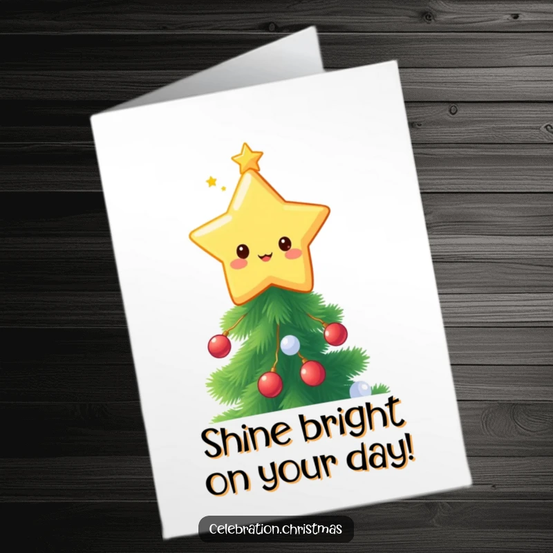 Funny Free Printable Birthday Card: A kawaii star topper character twinkling brightly atop a festive Christmas tree.