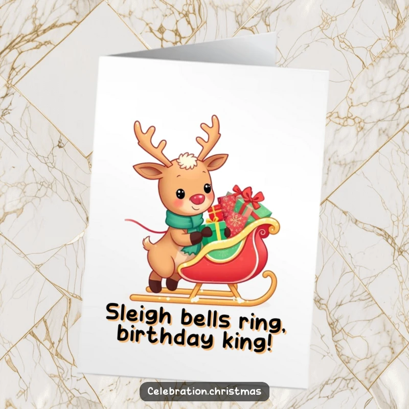 Funny Free Printable Birthday Card: A kawaii reindeer happily pulls a sleigh overflowing with glistening presents for your birthday.