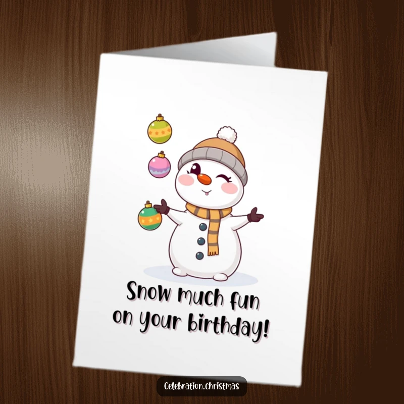 Funny Free Printable Birthday Card: Kawaii snowman winking mischievously while juggling three colorful ornaments for a birthday surprise.