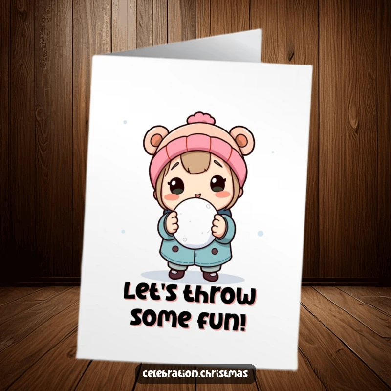 Funny Free Printable Snowball Birthday Card: A playful character winds up to throw a snowball, perfect for a winter birthday bash.