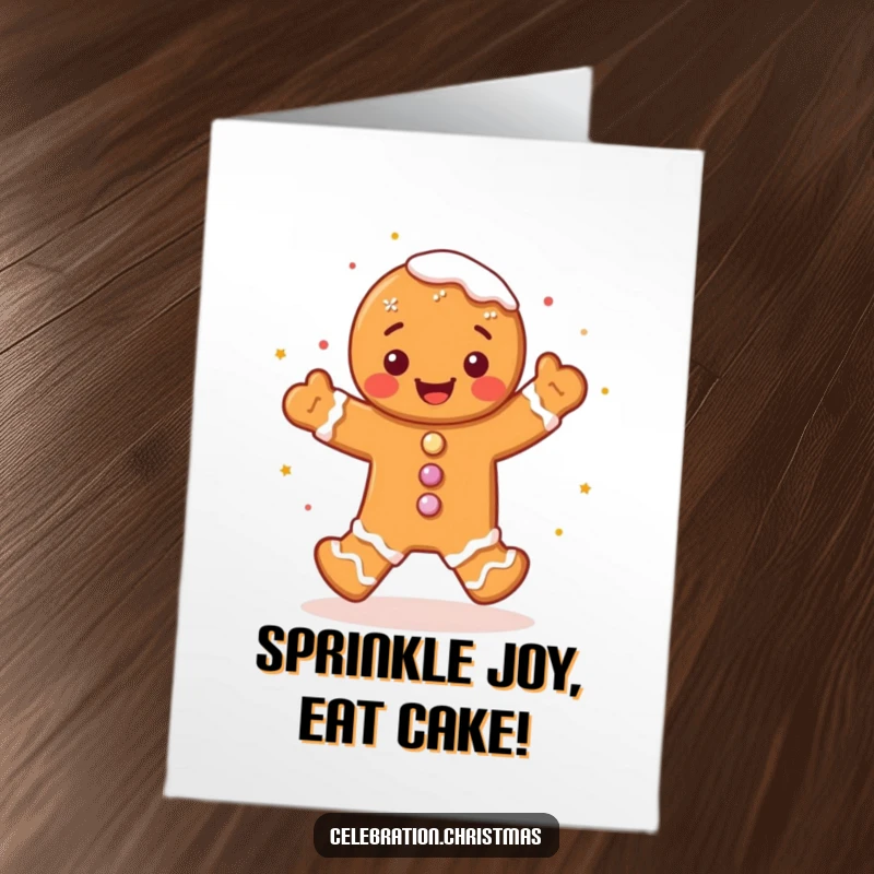 Funny free printable birthday card featuring a gingerbread man joyfully jigging with colorful frosting sprinkles, ready to dance into celebration.
