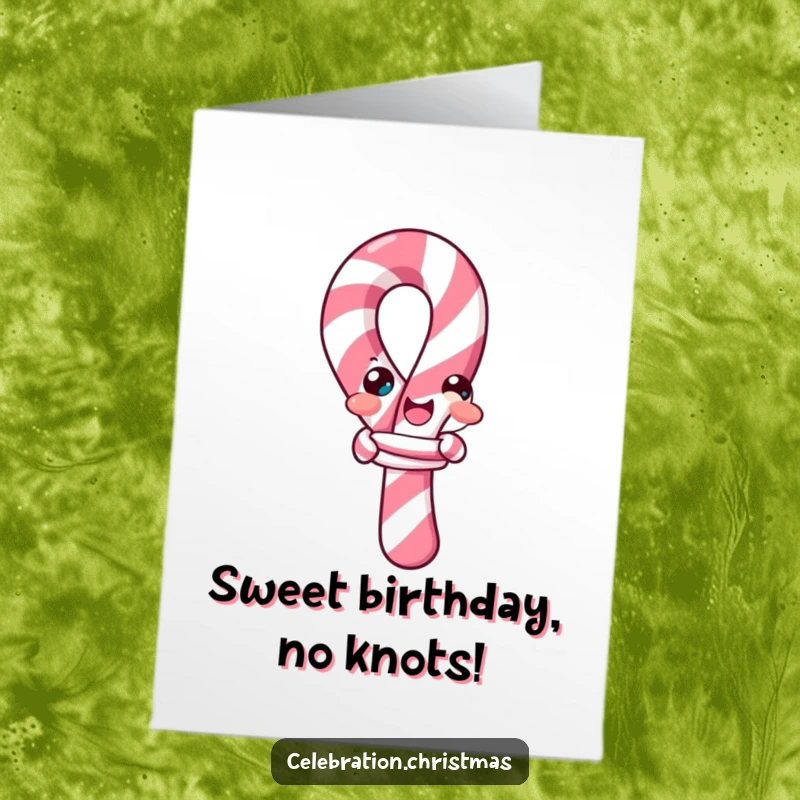 Funny Free Printable Candy Cane Birthday Card: A cheerful candy cane comically tying itself into a knot.