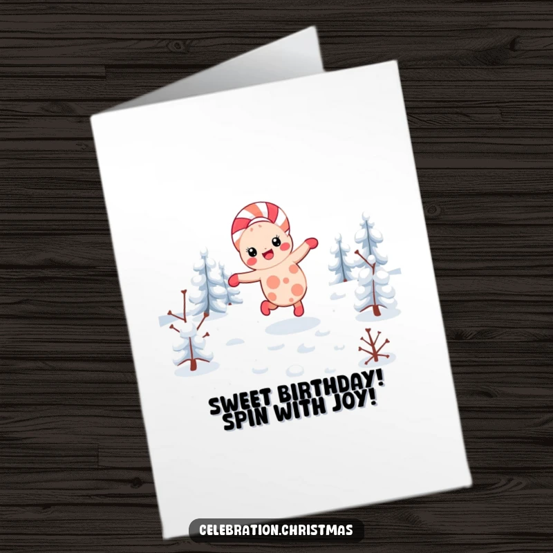 Funny Free Printable Birthday Card: a kawaii candy cane does a cartwheel through snow, wishing happy birthday.