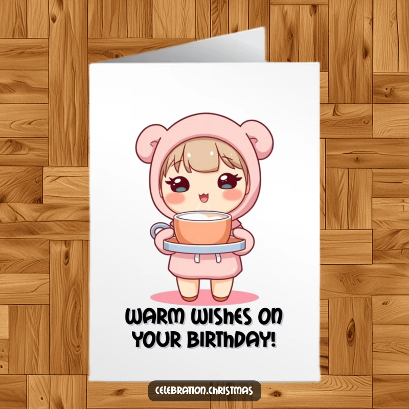 Free Printable Kawaii Cocoa Birthday Card: Cute character smiling, holding a tray of steaming hot cocoa.