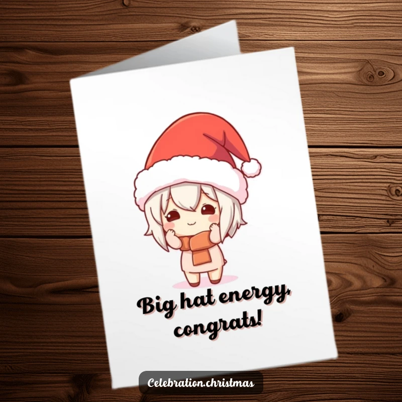Funny Free Printable Congratulations Card: Kawaii character humorously dons an enormous festive hat, celebrating success with a smile.