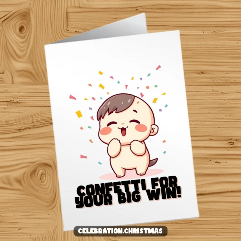 Funny Free Printable Congratulations Card: A kawaii character blowing a colorful explosion of confetti with great enthusiasm.