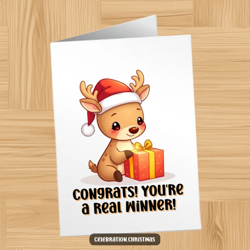 Free Printable Deer Congratulations Card: A deer sporting a Santa hat happily unwraps a radiant gift, celebrating success.