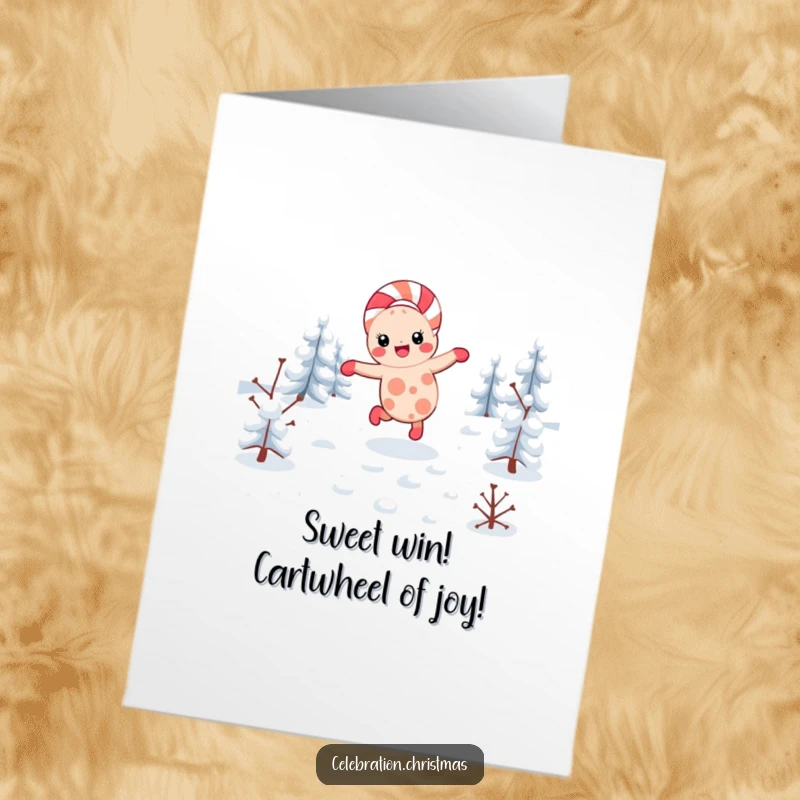 Funny Free Printable Congratulations Card: a kawaii candy cane cartwheels through snow, celebrating your big win.
