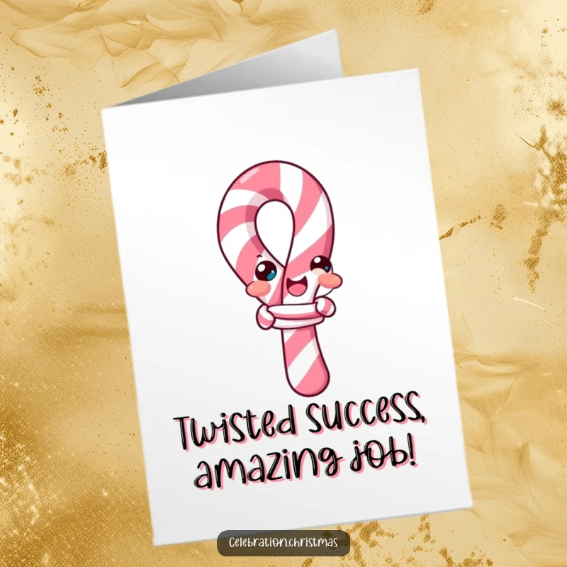 Funny Free Printable Candy Cane Congratulations Card: A candy cane in a knot celebrating success.