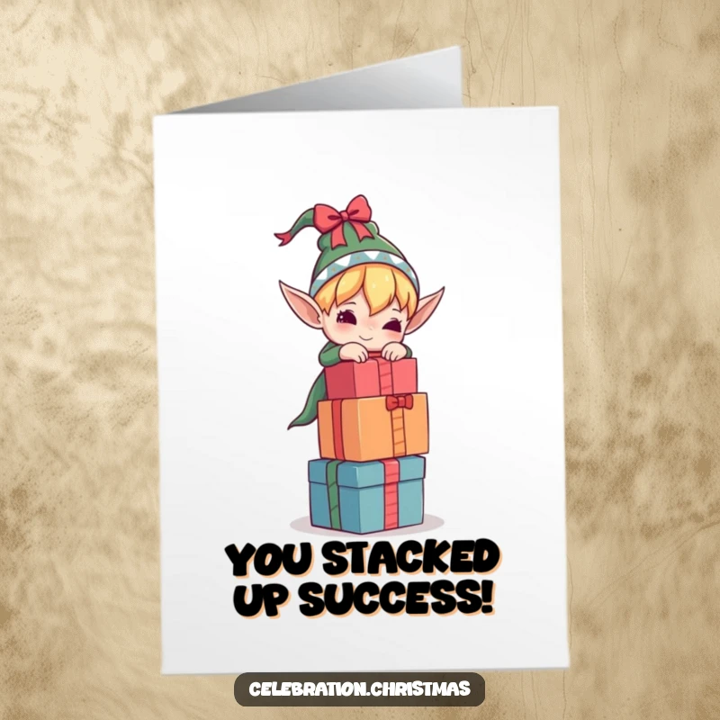 Free printable congratulations card: an elf attempting to balance an enormous stack of gifts, a fun visual for success.