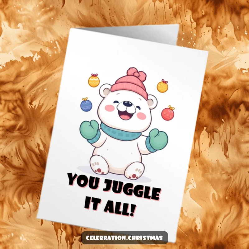 Funny Free Printable Congratulations Card: Cute polar bear wearing mittens, juggling colorful baubles with a delighted grin.