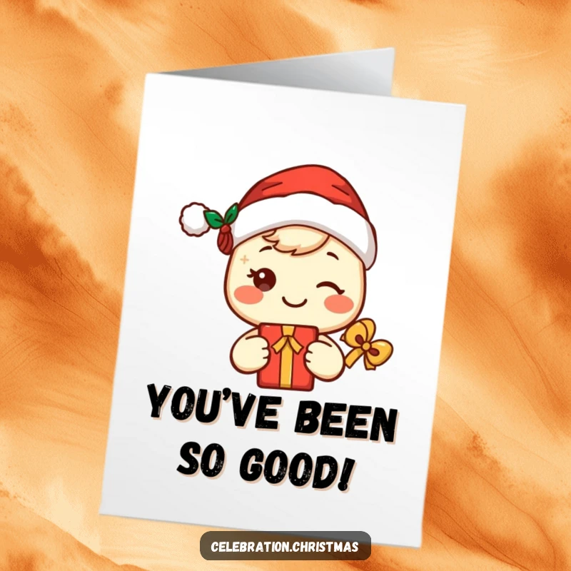Funny Free Printable Congratulations Card: A cute smiling kawaii character in a Santa hat offering a gift.