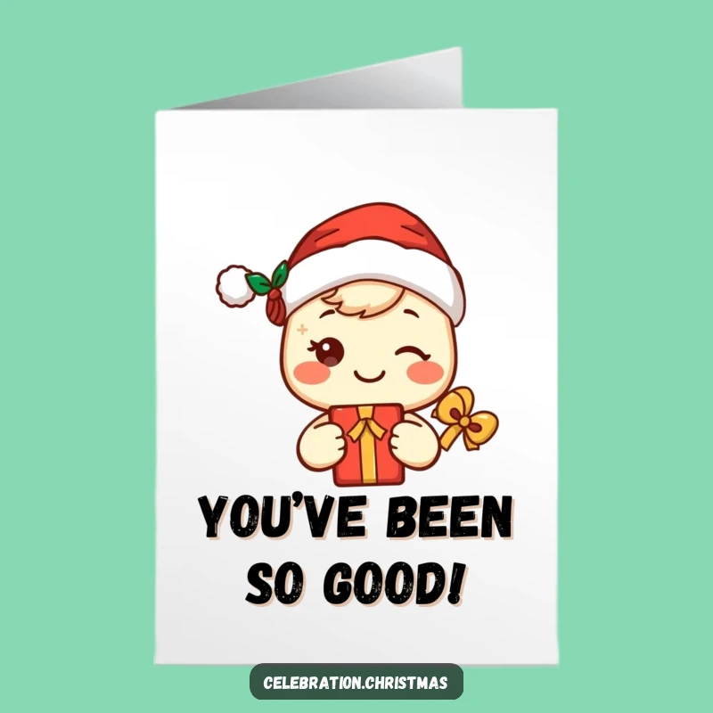 Free Printable Congrats Card: Kawaii Santa - Gift Holding Funny Festive Celebration