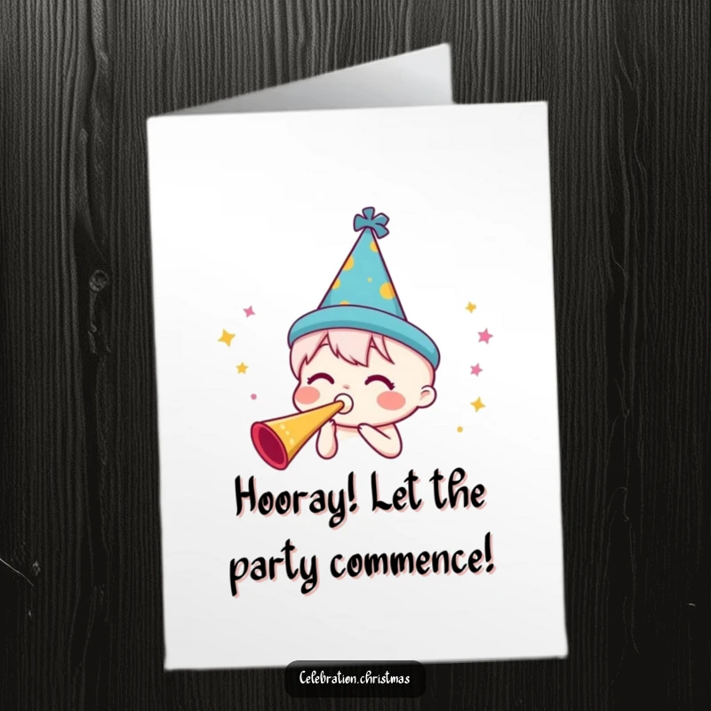 Funny Free Printable Congrats Card: A festive character with a party hat blows a party horn, announcing good news.