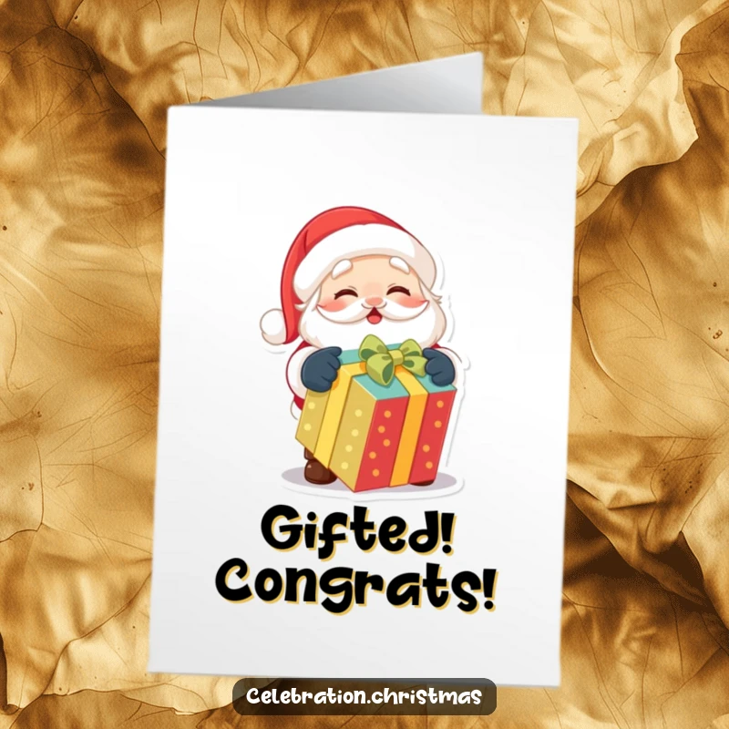 Funny Free Printable Congratulations Card: Excited Santa Claus unwrapping a colorful gift, conveying congratulations with glee.