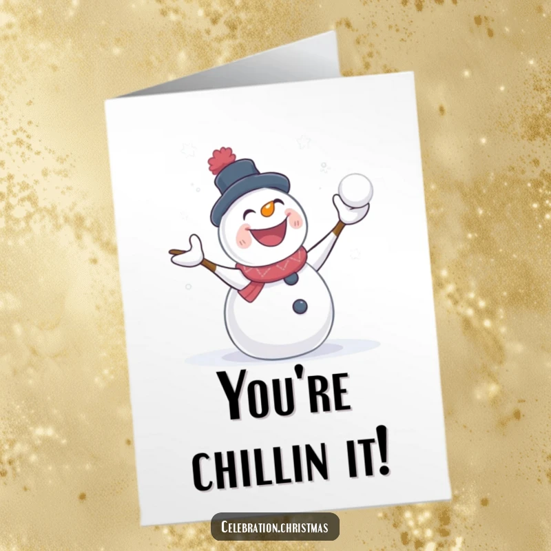 Free printable congratulations card: a snowman joyfully throwing snowballs, celebrating a win with winter fun.