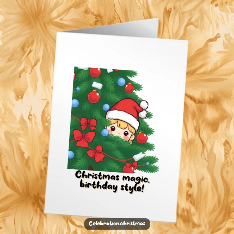 Funny Free Printable Congratulations Card: Santa hat character peeking with glee from a large Christmas tree.