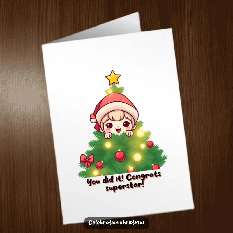 Funny Free Printable Congratulations Card: A cute kawaii character peeking from behind a vibrant Christmas tree.