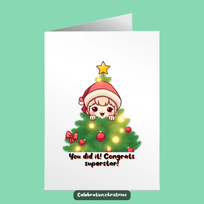 Free Printable Kawaii Christmas Congrats Card: Peeking Character Surprise - Downloadable