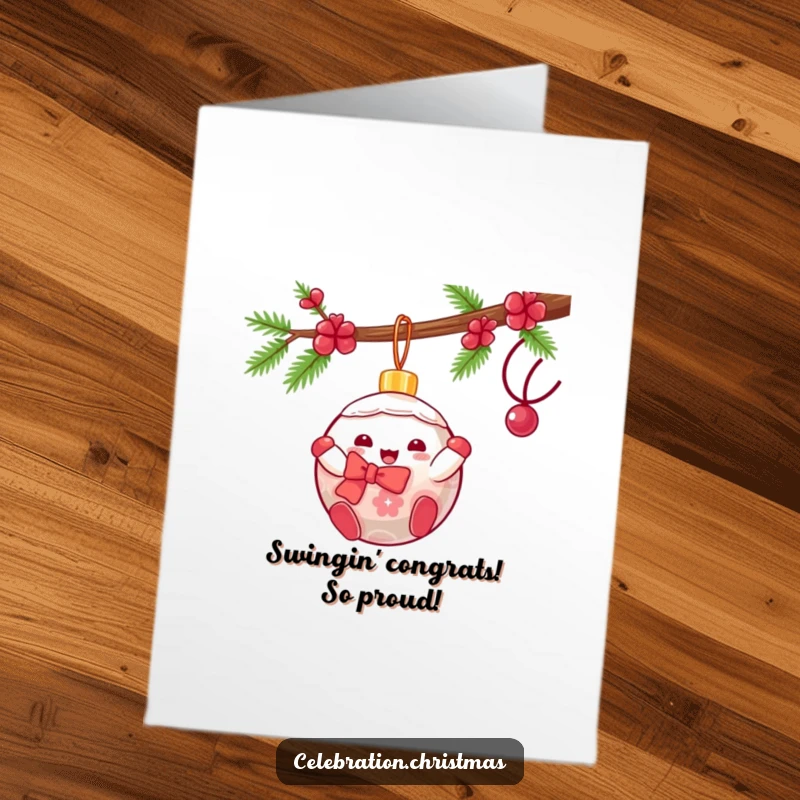Funny Free Printable Congratulations Card: a kawaii Christmas ornament swings gleefully, celebrating your amazing win.