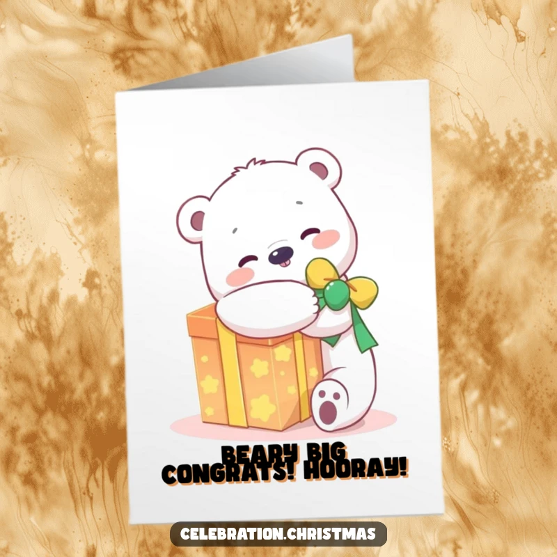Funny Free Printable Congratulations Card: a kawaii polar bear hugs a big glowing present, celebrating your success.