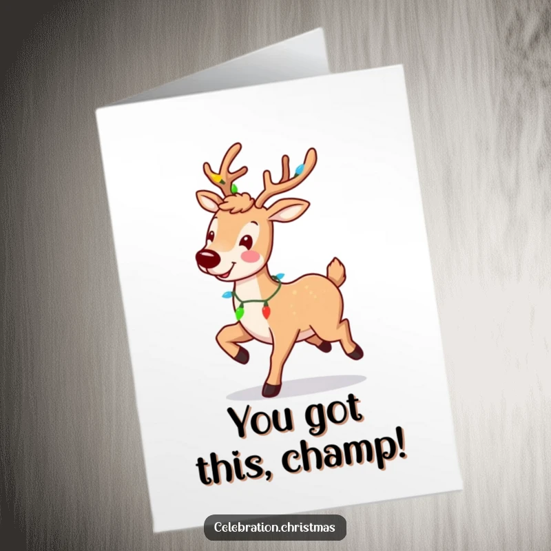 Funny Free Printable Congratulations Card featuring a joyful reindeer prancing with twinkling lights on its antlers, celebrating success.
