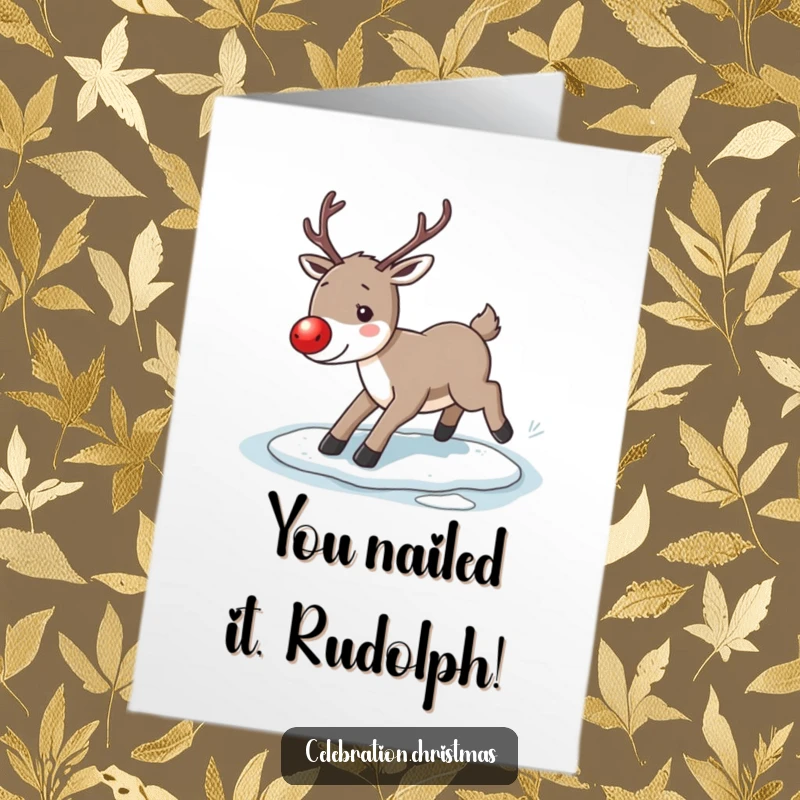 Funny Free Printable Reindeer Congratulations Card: A reindeer slips on ice, wishing congrats.