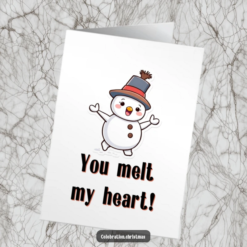 Funny Free Printable Congratulations Card: Snowman gleefully waddling about with a jaunty tilted hat.