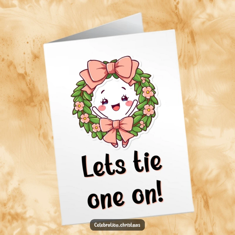 Funny Free Printable Congratulations Card: Wreath character in a cheerful twirl, complete with a big bow.